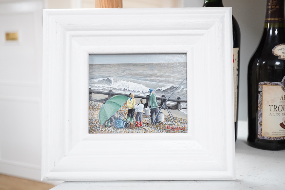 Paul Liddiard, Beach fishing, signed, RA Summer Exhibition 2013 label verso, acrylic on board, 11 x 13cm